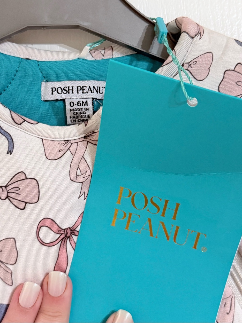 Posh Peanut Cream Sleep Sack with Pink Bow Print and Teal Trim - Picture 2 of 2